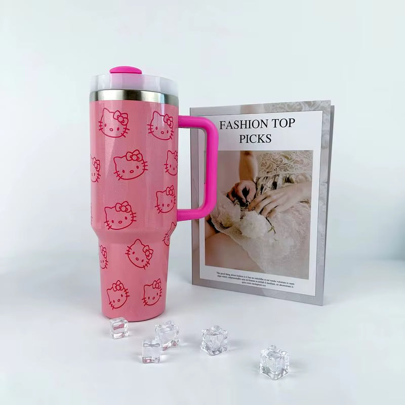 40Oz Sanrio Hello Kitty Stainless Steel Insulated Mug Pink with Handle Straw Mugs Large Capacity Thermos Drinks Coke Coffee Mug