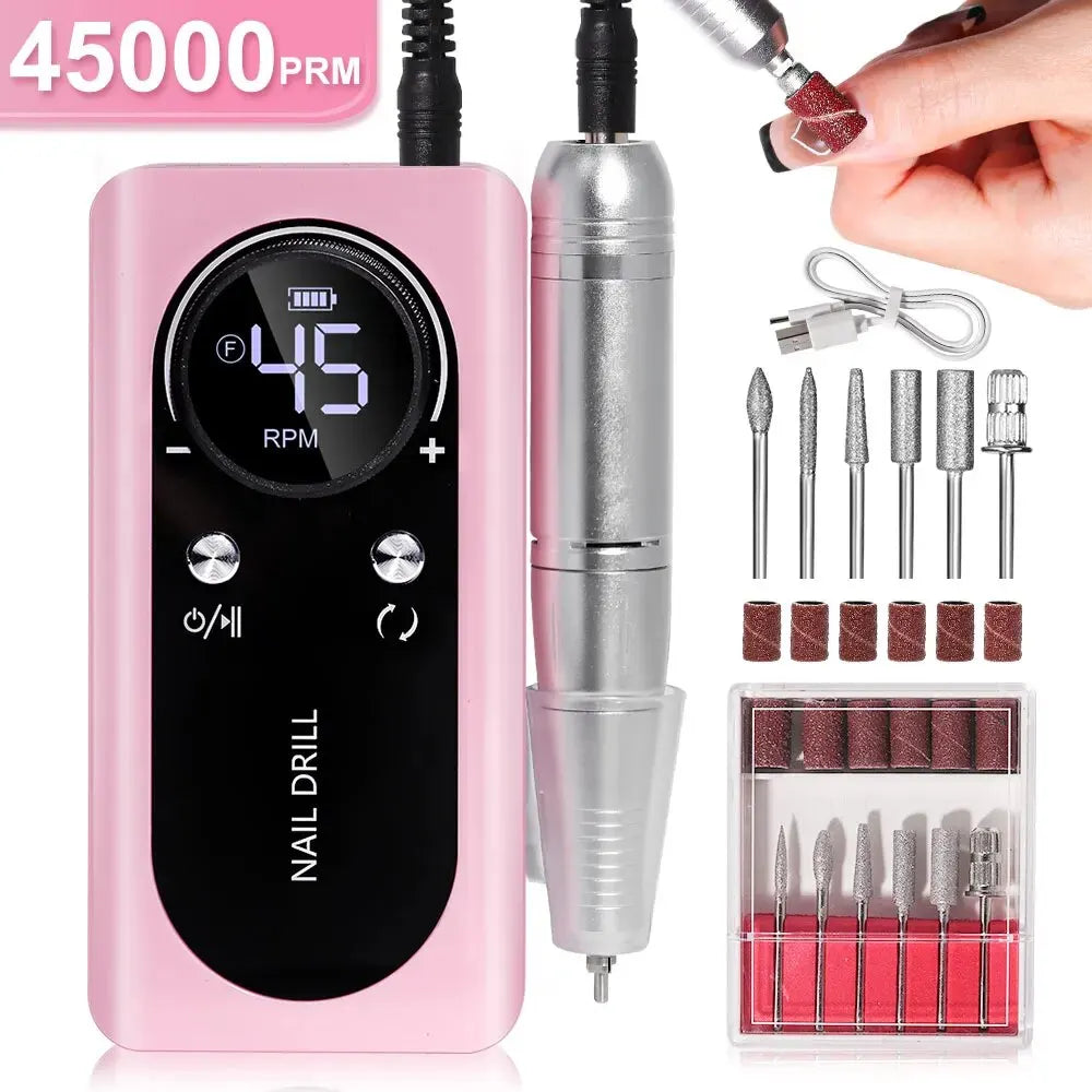 Professional 45000RPM Electric Portable Nail Drill Machine Rechargeable Low Noise Nail Sander File for Manicure Salon Tool